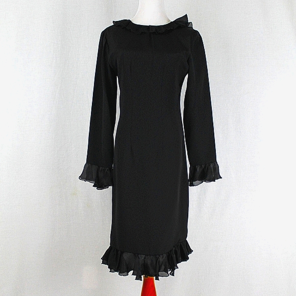 DAVID HAYES Couture Ruffled Black Silk Dress Vintage 10 modern USA 4-6 36